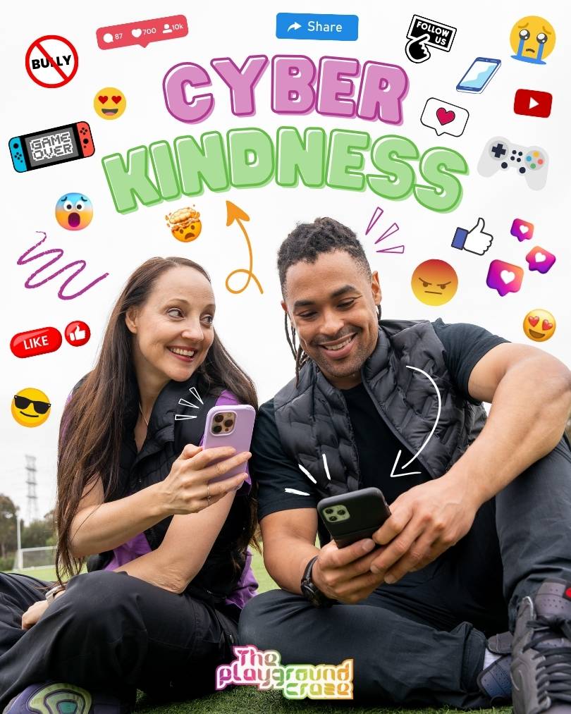 Cyberkindness, boy and girl looking at their phones with digital icons around them